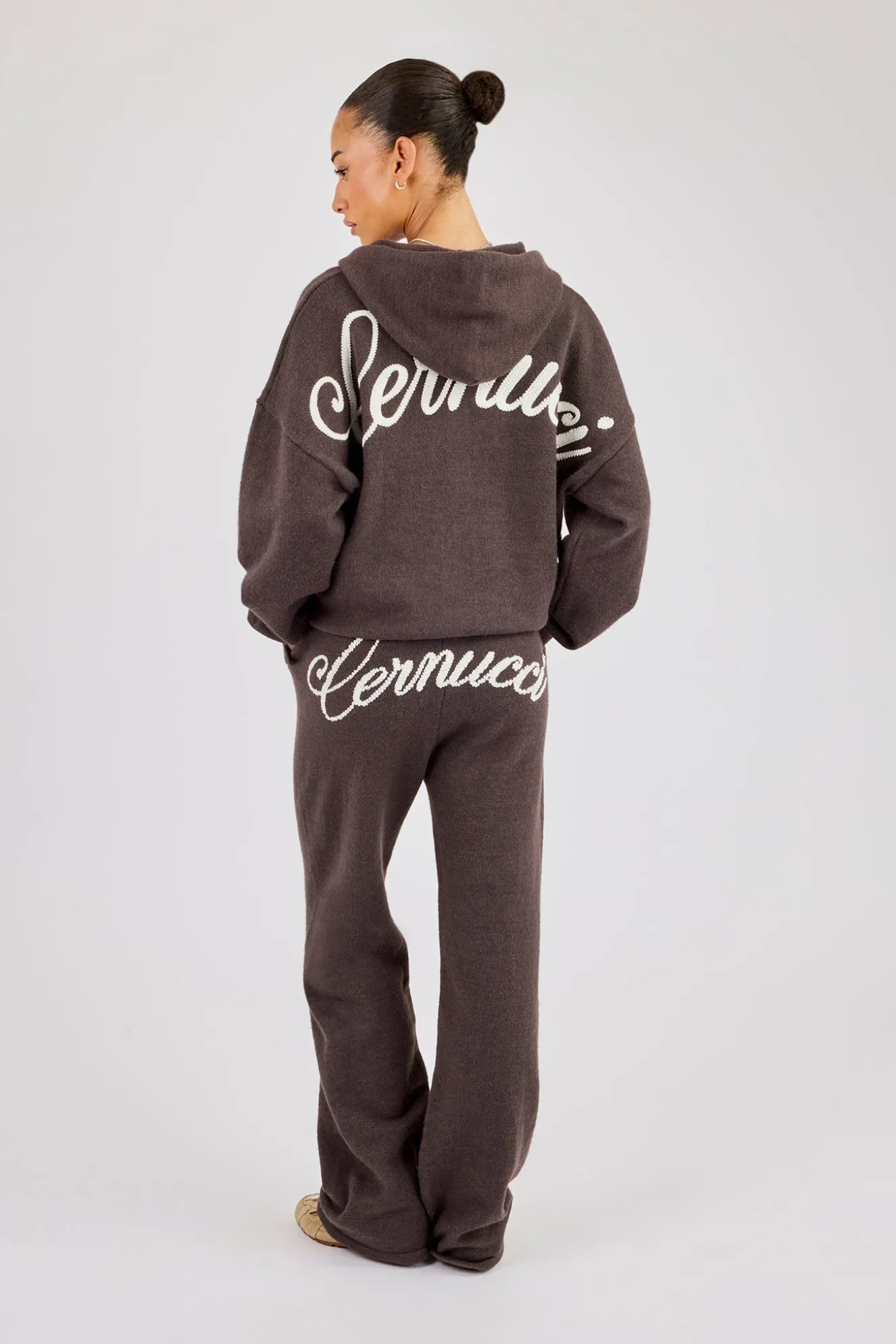 Knitted Cernucci Back Detail Wide Leg Jogger - Brown