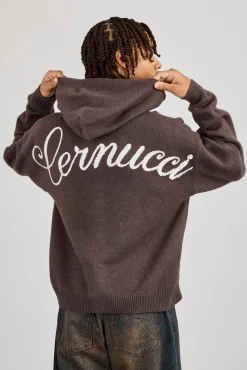 Knitted Cernucci Back Detail Boxy Zip Hoodie -Brown