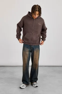 Knitted Cernucci Back Detail Boxy Zip Hoodie -Brown