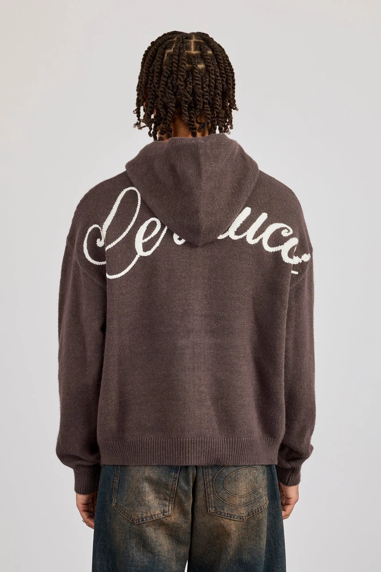 Knitted Cernucci Back Detail Boxy Zip Hoodie -Brown