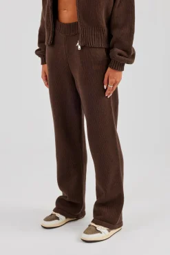Knitted Embroidered Wide Leg Jogger - Chocolate