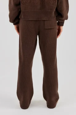Knitted Embroidered Wide Leg Jogger - Chocolate
