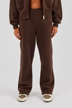 Knitted Embroidered Wide Leg Jogger - Chocolate