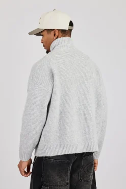 Knitted Funnel Neck Zip Through - Grey