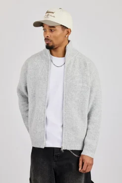 Knitted Funnel Neck Zip Through - Grey