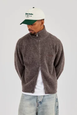 Knitted Funnel Neck Zip Through - Mocha