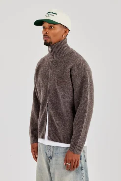 Knitted Funnel Neck Zip Through - Mocha