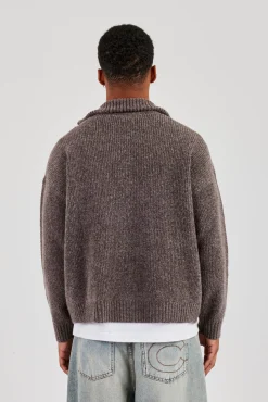 Knitted Funnel Neck Zip Through - Mocha