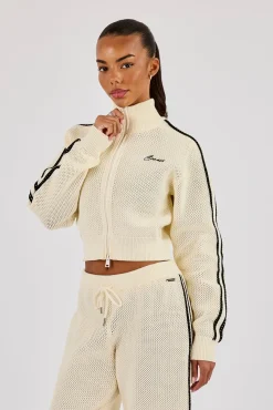 Knitted Taping Funnel Neck Track Jacket - Off White