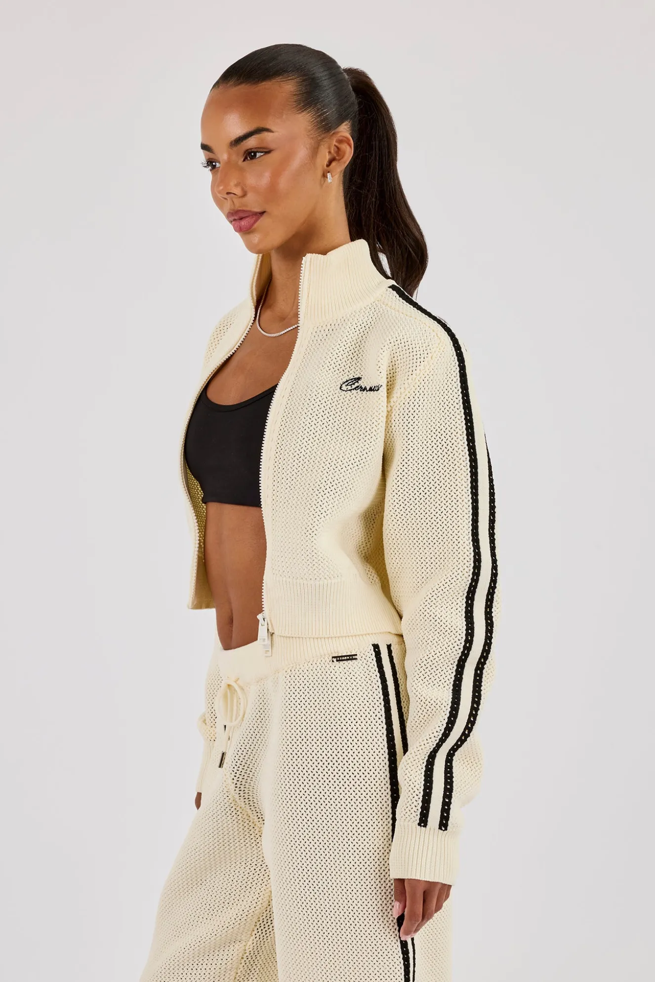 Knitted Taping Funnel Neck Track Jacket - Off White