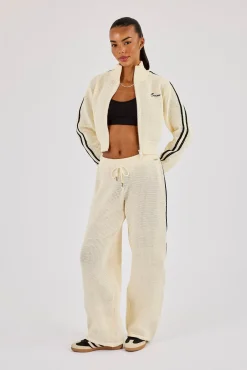 Knitted Taping Funnel Neck Track Jacket & Wide Leg Jogger - Off White
