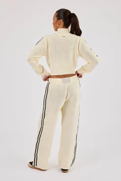 Knitted Taping Funnel Neck Track Jacket & Wide Leg Jogger - Off White
