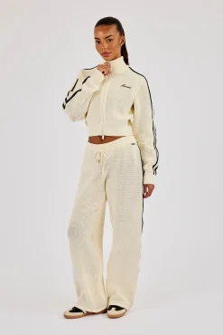 Knitted Taping Funnel Neck Track Jacket & Wide Leg Jogger - Off White