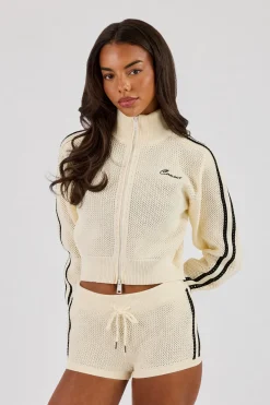 Knitted Taping Funnel Neck Track Jacket & Micro Short - Off White