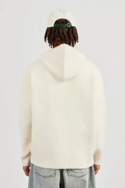Knitted V Neck Hoodie - Off White