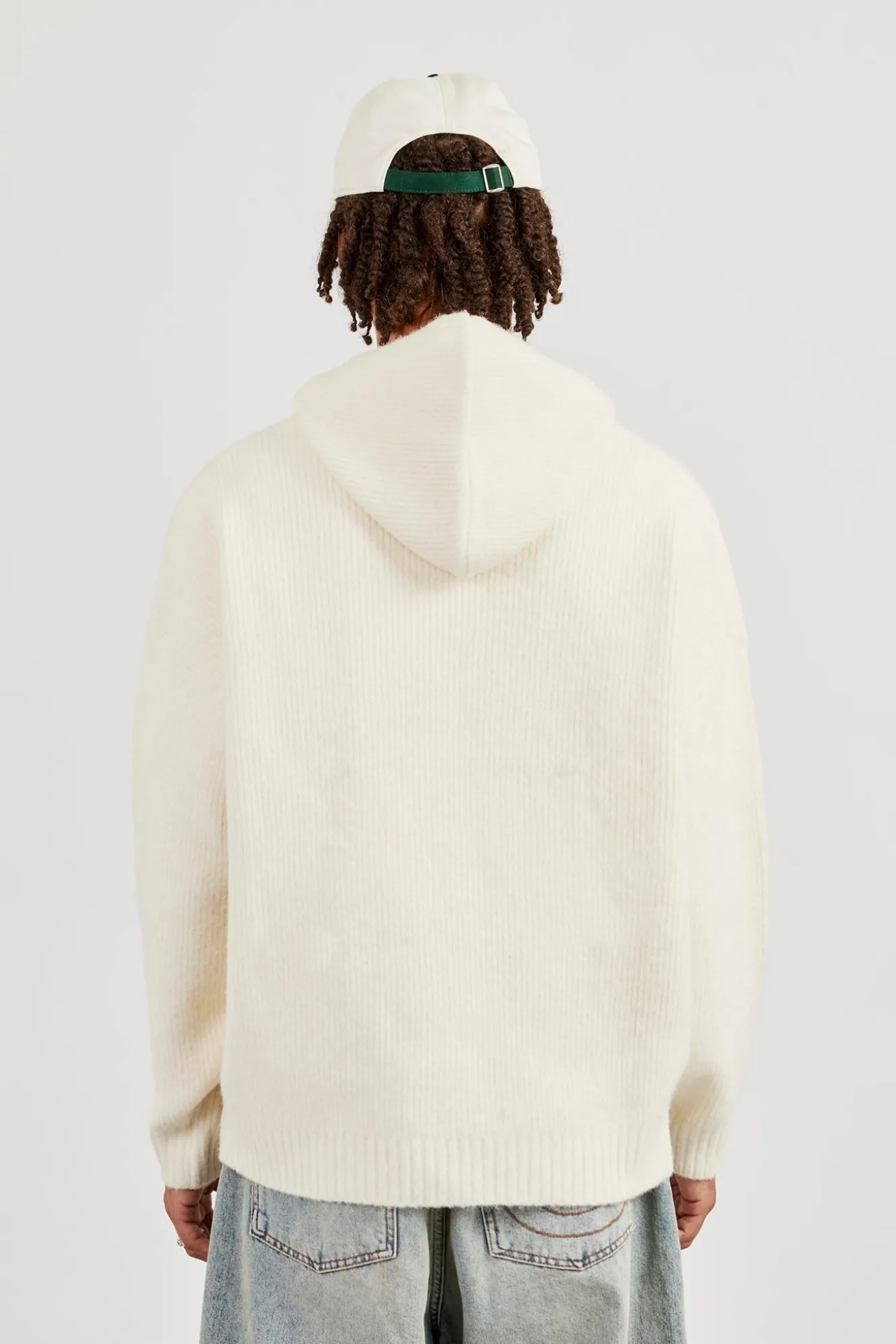 Knitted V Neck Hoodie - Off White