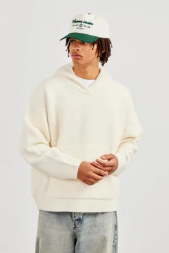 Knitted V Neck Hoodie - Off White