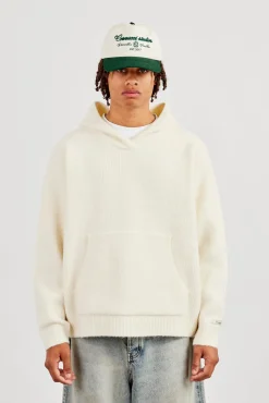 Knitted V Neck Hoodie - Off White