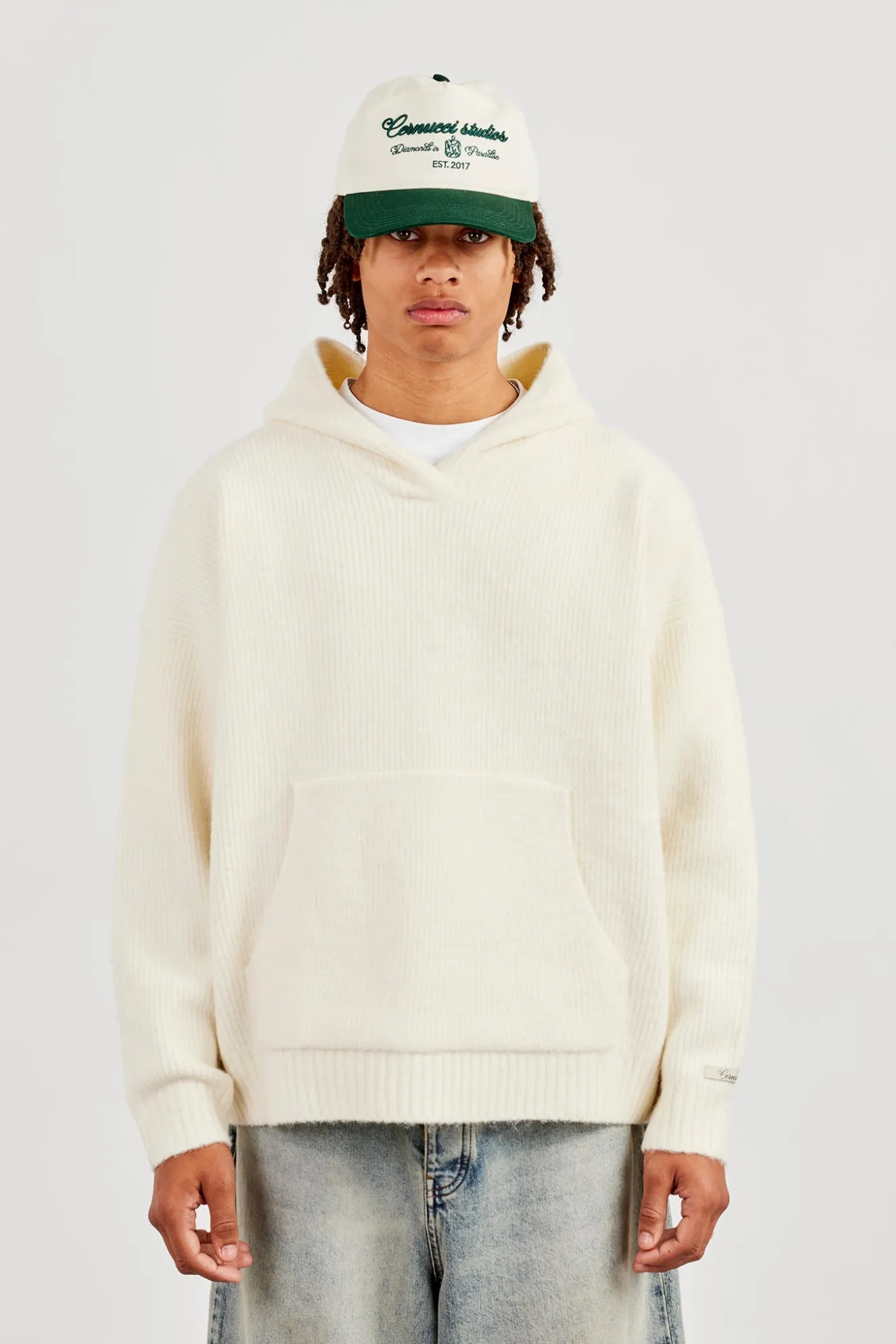 Knitted V Neck Hoodie - Off White