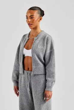 Knitted Zip Front Bomber - Grey