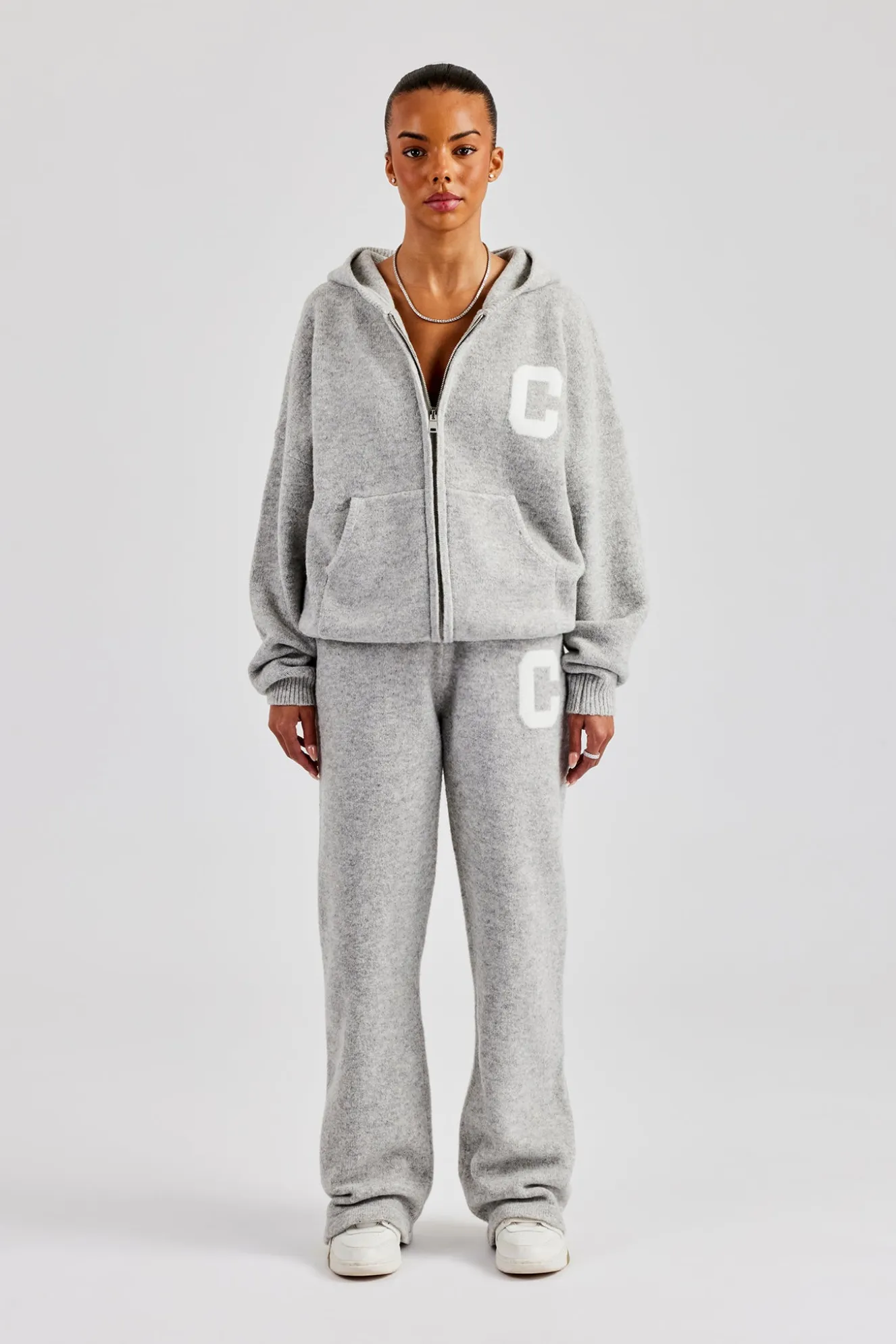 Knitted Zip Through Tracksuit - Light Grey