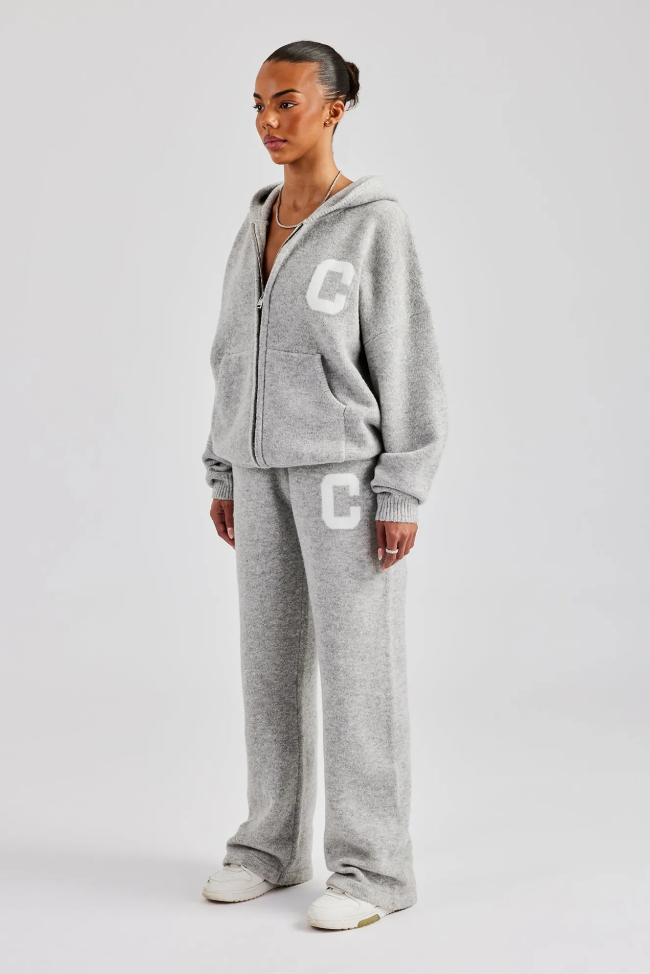 Knitted Zip Through Tracksuit - Light Grey