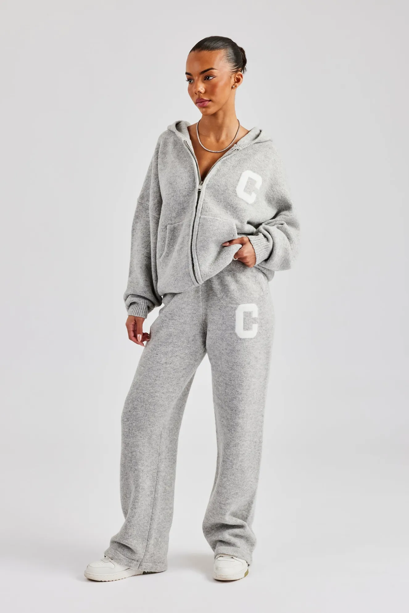 Knitted Zip Through Tracksuit - Light Grey