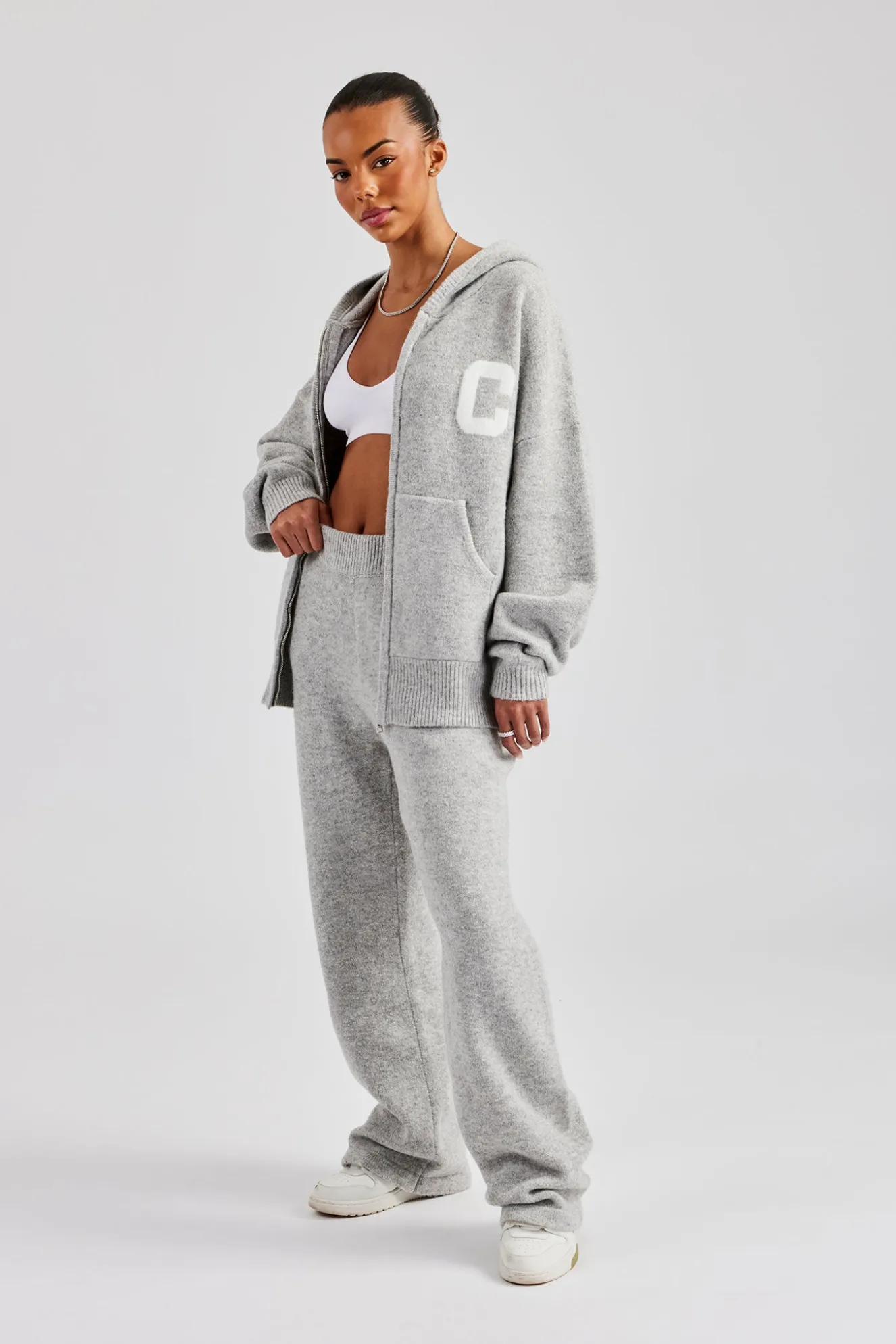 Knitted Zip Through Tracksuit - Light Grey