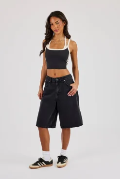 Ladies Baggy Denim Jort - Washed Black