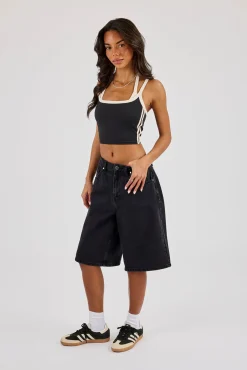 Ladies Baggy Denim Jort - Washed Black