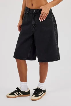 Ladies Baggy Denim Jort - Washed Black