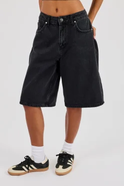 Ladies Baggy Denim Jort - Washed Black