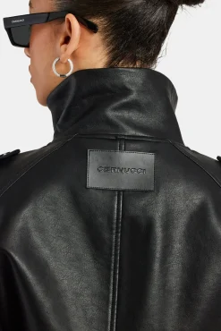 Ladies Faux Leather Trench Coat - Black