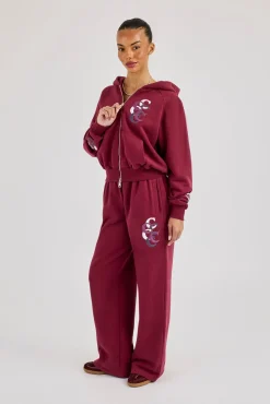Layered Applique Wide Leg Jogger - Burgundy