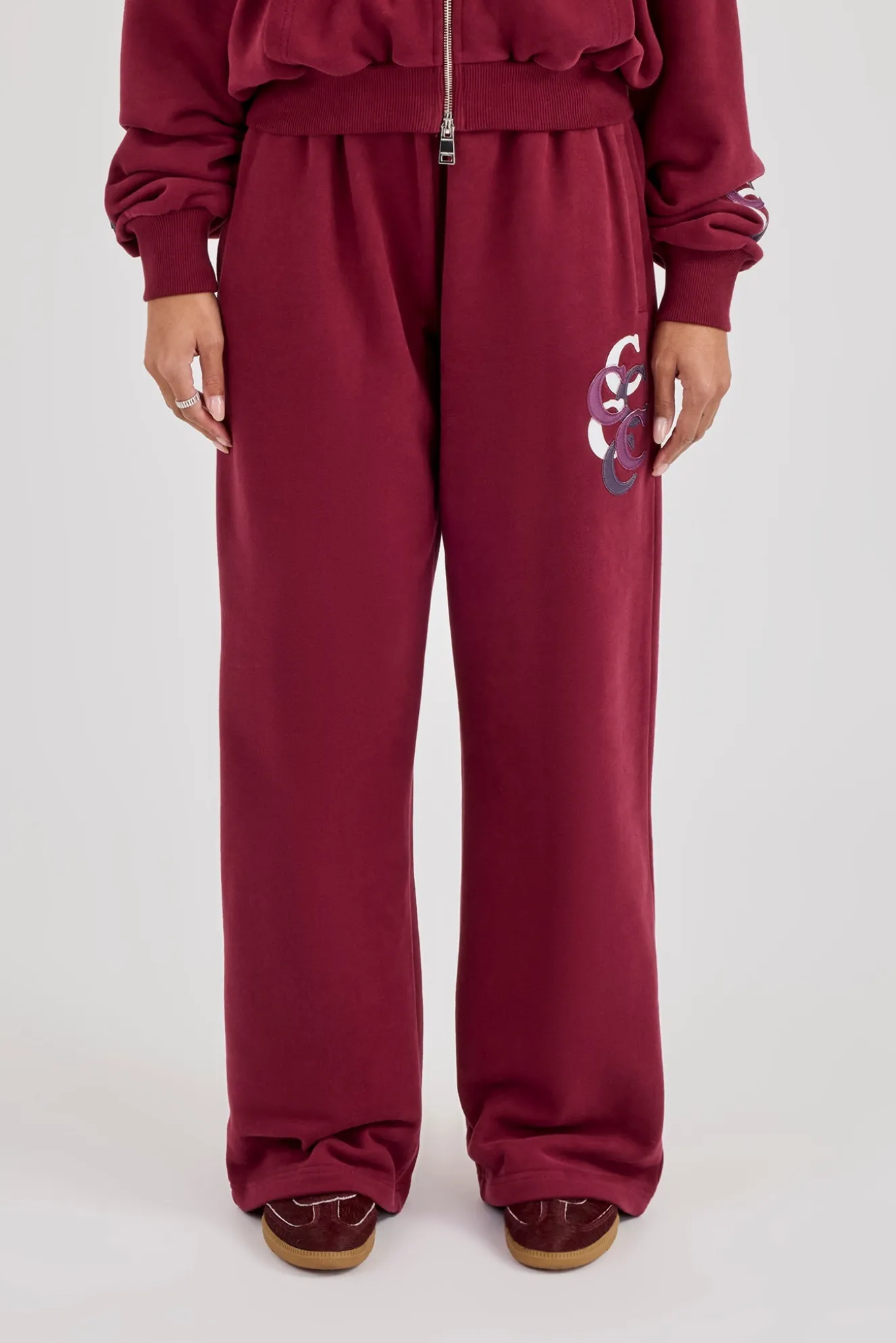 Layered Applique Wide Leg Jogger - Burgundy