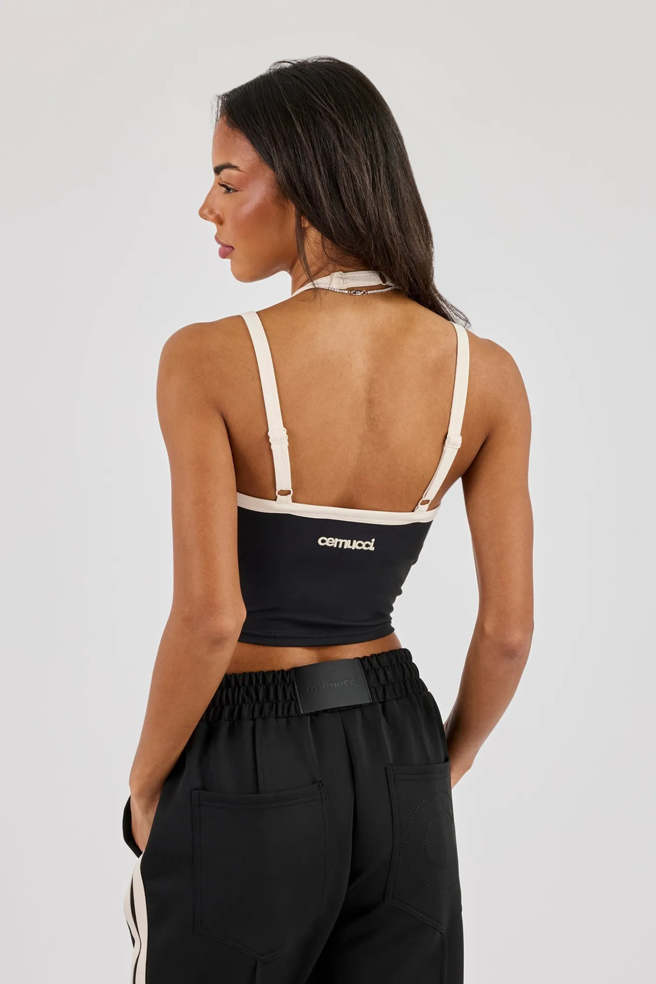 Layered Contrast Strap Top - Black