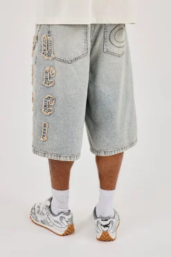 Logo Applique Denim Jorts & 10mm Cernucci Motif Jean Chain - Antique Wash