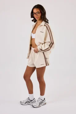 Logo Embroidered Funnel Neck Zip Through Track Jacket & Short - Off White