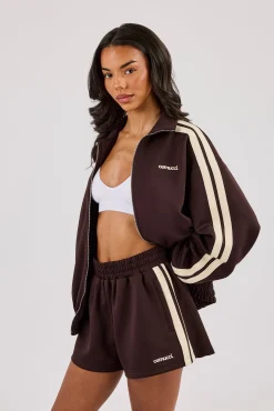 Logo Embroidered Funnel Neck Zip Through Track Jacket Chocolate