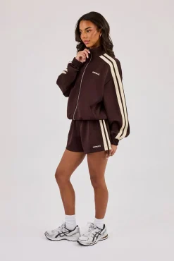 Logo Embroidered Funnel Neck Zip Through Track Jacket & Short Chocolate