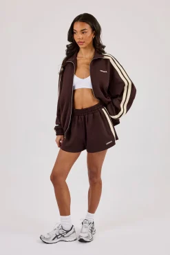 Logo Embroidered Funnel Neck Zip Through Track Jacket & Short  Chocolate