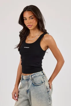 Logo Print Ribbed Vest - Black