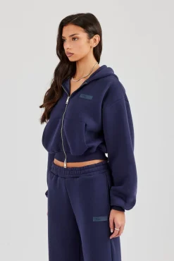 Logo Tab Boxy Zip Hoodie - Navy Blue