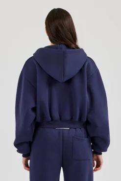 Logo Tab Boxy Zip Hoodie - Navy Blue