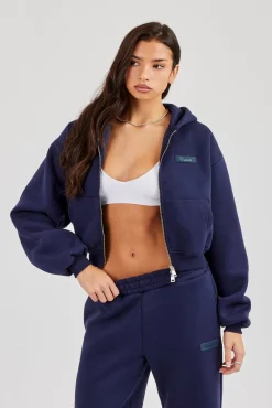 Logo Tab Boxy Zip Hoodie - Navy Blue