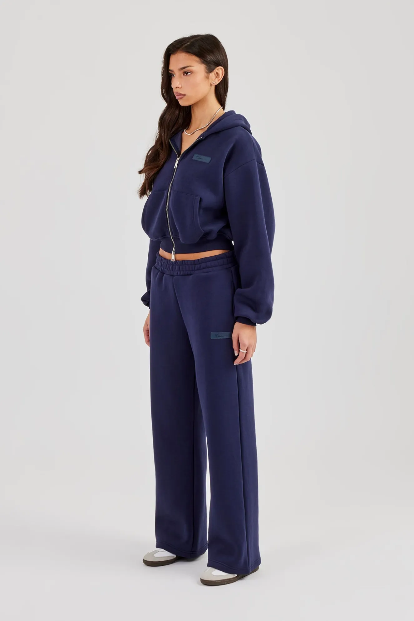 Logo Tab Boxy Zip Hoodie & Wide Leg Jogger - Navy Blue