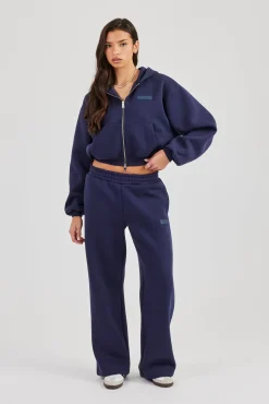 Logo Tab Boxy Zip Hoodie & Wide Leg Jogger - Navy Blue