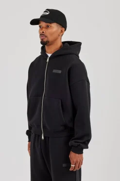 Logo Tab Zip Hoodie Black
