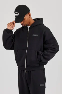 Logo Tab Zip Hoodie  Black