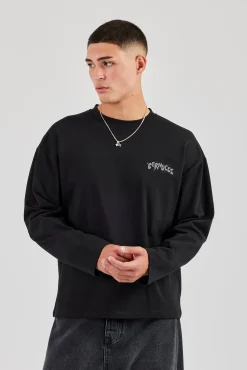 Long Sleeve Back Puff Print T-Shirt - Black